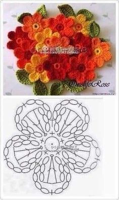 crocheted flowers and leaves are shown in two different colors, one is orange, the other is yellow