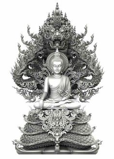 a buddha statue sitting on top of a wooden table next to a white wall with an intricate