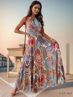 Lasaky - Paisley Print Halter Neck Dress: Stylish Boho Sleeveless Attire for Summer, Exquisite Womens Fashion Mode Prints, Boho Mode, Open Back Maxi Dress, Bohemian Mode, Marine Uniform, Floral Halter Dress, Bohemian Maxi, Mode Boho, Paisley Print Dress