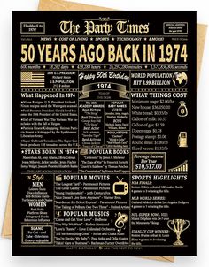 the 50 years ago back in 1974 poster with gold lettering on black paper and brown envelope