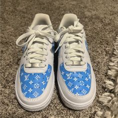 Nike Af1 Size 7 Customized Painted Shoes Painted Shoes, Air Force 1, Custom Shoes, Nike Air Force, Sneaker Head, Nike Women, Nike Shoes, Athletic Shoes, Blue And White