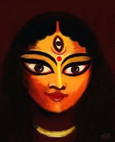 an artistic painting of a woman's face with eyes painted in yellow and red