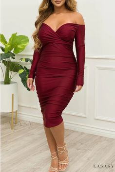 Lasaky - Chic Off-the-Shoulder Long Sleeve Dress with Fold Detail Fall Party Off Shoulder Midi Dress, Long Sleeve Ruched Off Shoulder Dress For Date Night, Off Shoulder Long Sleeve Ruched Dress For Date Night, Date Night Long Sleeve Ruched Off-shoulder Dress, Fall Off-shoulder Ruched Bodycon Dress, Fall Ruched Off-shoulder Bodycon Dress, Off The Shoulder Long Sleeve, Special Occasion Outfits, Dinner Dress