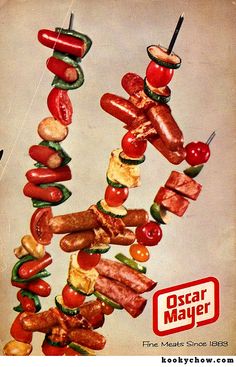 an advertisement for oscar mayer's meat and vegetable skewers on a towel