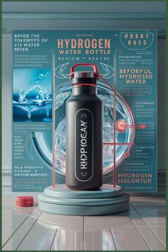 Hydrogen water bottle on a pedestal with infographic detailing benefits and features. Gary Brecka, Hydrogen Generator, Health Device, Benefits Of Drinking Water, Ads Design, Holistic Nutritionist, Boost Your Energy, Better Posture