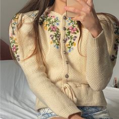 Authentic Austrian Vintage Wool Cardigan With Floral Embroidery. Really Cute And Unique Pair With Simple Pair Of Jeans. Fits A Small To Medium. In A Very Good Used Condition. Jeans Fits, Embroidered Cardigan, Vintage Cardigan, Wool Cardigan, New Wardrobe, Vintage Wool, Floral Embroidery, Sweaters & Cardigans, Cardigans