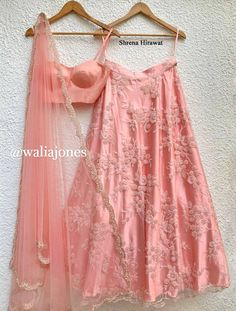 Peach bead embroidered skirt with peach bustier with pearl work and net dupatta with scallop embroidery (Skirt has cancan). Elbow Length Blouse, Contrast Dress