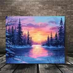 an acrylic painting of a sunset over a lake with snow on the ground