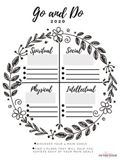 the printable goal sheet with floral wreaths and leaves in black on white background