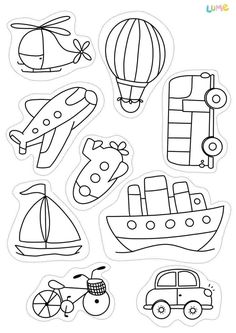 paper cut outs with different types of boats and hot air balloons in black and white