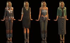 four different poses of a woman in various outfits and boots, all with their hands on their hipss