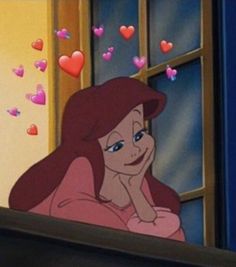 ariel from the little mermaid with hearts coming out of her window and looking at something