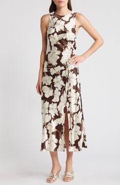 Rails Gabriella Floral Ruched Satin Midi Dress | Nordstrom Nordstrom Rack Dresses, Satin Midi Dress, Jewel Neck, Nordstrom Dresses, Midi Length, Dress Making, Mocha, Floral Dress, Nordstrom Rack