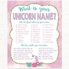 unicorn baby shower game with the words what is your unicorn name?