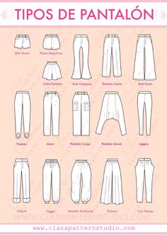 the different types of pants for women in spanish, english and french language on a pink background