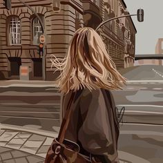 a painting of a woman walking down the street