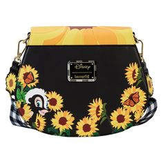 Aa bright yellow sunflower takes shape on the bag’s top flap. Underneath the flower’s golden petals, Bambi, Thumper, and Miss Bunny peek out from a field in bloom. Lift the flap to reveal a hidden family of possums hanging around! Black and white plaid covers the bag’s sides and continues onto the shoulder strap above, where sunflower appliques frame each end. Turn the bag around to see Flower hiding in a sunflower field. Dimensions: 9.5”W x 8.3”H x 4”D Material: Faux leather (polyurethane) Feat Thumper And Miss Bunny, Bambi Thumper, Miss Bunny, Bambi And Thumper, Sunflowers Background, Disney Handbags, Loungefly Disney, Vegan Leather Bag, Disney Lover