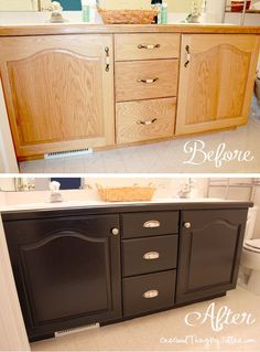 before and after pictures of a bathroom vanity with wood cabinetry, white countertop, and black drawers