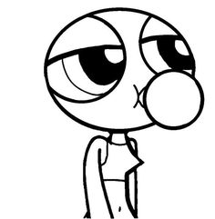 an image of a cartoon character with big eyes and no nose, looking at something