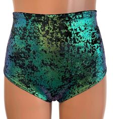 (1) High Waist Scrunch Bikini Hot Pants - Black/Green Gilded Velvet– Peridot Clothing Mermaid Couture, Rave Shorts, Bathing Suit Bottoms, Pants Black, Running Shorts, Skirt Length, Black Green, Black Pants, Bathing Suits