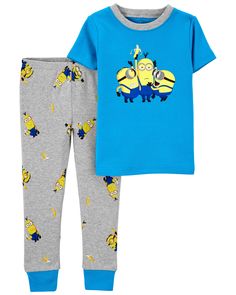 His Favorite Yellow Guys On His Very Own Pjs! These Soft Cotton Jammies Get Him Ready For Bed In No Time. Fun Cotton Loungewear Set, Fun Cotton Sleep Sets, Fun Cotton Sleepwear Set, Yellow Cotton Sleepwear With Cartoon Print, Fun Character Print Loungewear Sets, Fun Loungewear Sets With Character Print, Yellow Cartoon Print Sleepwear For Bedtime, Yellow Cartoon Print Sleepwear, Playful Yellow Cotton Sleepwear