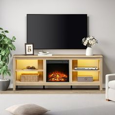 a living room with a television and fireplace