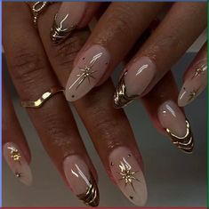 Chrome Nails Designs Gold, Gold Nail Decals, Gold Nail Stickers Art Designs, Simple Nails With Gold Accent, Almond Natural Nail Designs, Simple Formal Nails, Formal Nails Prom, 21st Nails Ideas, Nail Designs Japanese