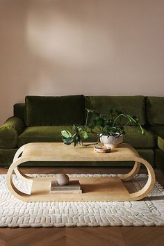 a living room with a green couch, coffee table and potted plant on top