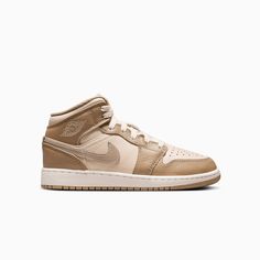 kids-air-jordan-1-mid-grade-school-shoes-hf4781-203 Brown Kids Wering Nike N Jordan, Air Jordans Light Brown, Mid-top Leather Jordan Shoes, Nike Air Jordan 1 Mid Brown, Jordan 1 Mid Earthy Brown, Jordan Shop, Slides Slippers, Kids Belt, Wings Logo