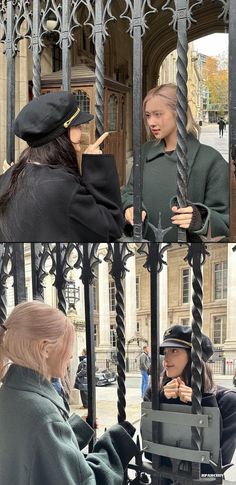 three pictures of people in different outfits behind bars and fences, one woman is talking to the other