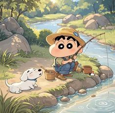 a boy fishing with his dog on the river bank