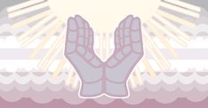 two hands with the sun above them and clouds in the sky over water, on a pink background