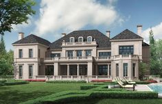 this is an artist's rendering of a large house with pool and lawn furniture