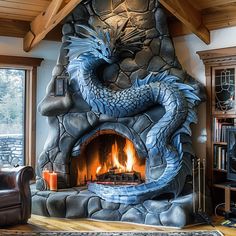 a living room with a fire place in the middle and a dragon statue on top