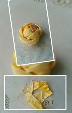 two pictures showing how to make an origami flower out of satin ribbon and fabric