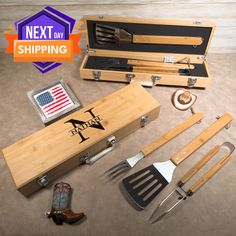 an assortment of cooking utensils in a wooden box with the next day shipping logo on it