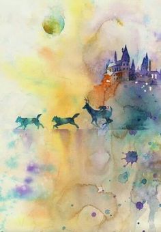 watercolor painting of a castle with dogs running around