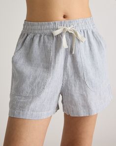 Relaxed and lightweight, these shorts are equally perfect for lounging around or stepping out to see friends. Made from soft, 100% organic linen, they’re a perfect addition for the warm weather.  | Quince | Women's Shorts in Blue Pinstripe, Size Small, Linen Laidback Aesthetic, European Linens, Re A, Organic Linens, Stepping Out, Summer Staples, Linen Shorts, Quince, Warm Weather