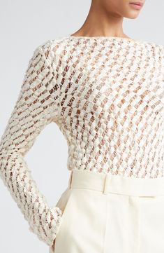 An open weave and a puckered effect sweeten the style of a graceful top made from a cotton-first blend. 22" length (size 38eu) Boatneck Long sleeves 65% cotton, 31% polyamide, 4% elastane Dry clean or machine wash, line dry Made in Portugal Cream Clothing, Lace Turtleneck Top, Cotton Lace Tops, Lace Turtleneck, Lace Collection, Cream Outfits, Cream Lace Top, Skirt Swimsuit, Knit Wear