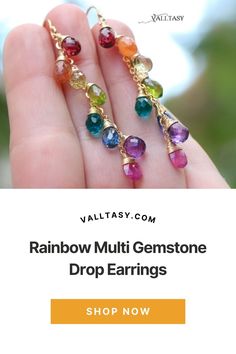 Playful rainbow drop earrings full of amazing colors and perfect stones. Beautiful Multi Gemstone earrings that combine unique gems and colorful design! #gemstone #gemstones #gems #jewelry #gemstonejewelry #crystals #handmade #jewellery #crystal #gem #handmadejewelry Multicolor Long Drop Gemstone Earrings, Multicolor Gemstone Long Drop Earrings, Multicolor Teardrop Earrings With Gemstone Accents, Multicolor Drop Jewelry With Matching Earrings, Multicolor Dangle Earrings With Gemstone Accents, Multicolor Multi-stone Drop Jewelry, Multicolor Multi-stone Teardrop Earrings, Multicolor Drop Gemstone Jewelry, Rainbow Teardrop Jewelry Set With Earrings