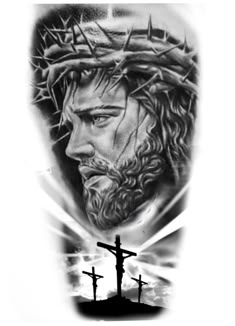 a black and white photo of jesus on the cross