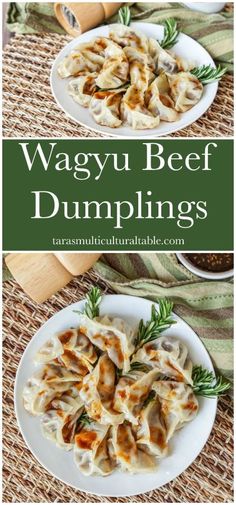 wagyu beef dumplings on a plate with rosemary garnish