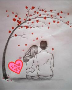 a drawing of a couple sitting under a tree with red hearts on it's branches