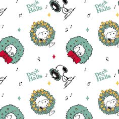 peanuts christmas wreaths with dogs and music notes on white cotton fabric by the yard