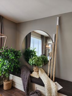 a mirror sitting on top of a mantle next to a potted plant