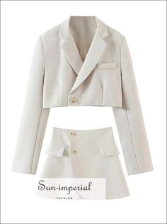 Women White Two Piece Skirt Set with Cropped Blazer Jacket and Wrap Mini Skirt Work Outfits Frauen, Blazer And Skirt Set, White Two Piece, Cropped Blazer Jacket, Women Blazer, Rock Outfit, Wrap Mini Skirt, Miniskirt Outfits, Blazer And Skirt