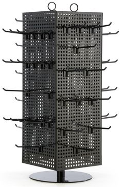 a black metal rack with six rows of wine glasses on it's bottom shelf