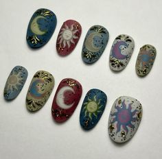 Sun Nails Design, Moon Nail Designs, Moon Nail Art, Cosmic Nails, Sun Nails, Best Press On Nails, Moons And Stars, Matte Top Coat