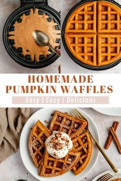 homemade pumpkin waffles with whipped cream on top and cinnamon sticks in the background