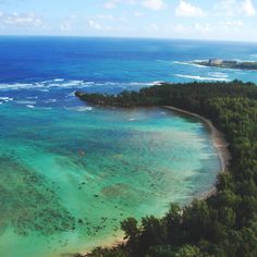 an aerial view of the ocean and beach with trees in the foreground, surrounded by blue water